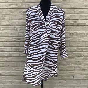 New York & Company Brown & White Zebra Pattern Semi Sheer Tunic Blouse Size M